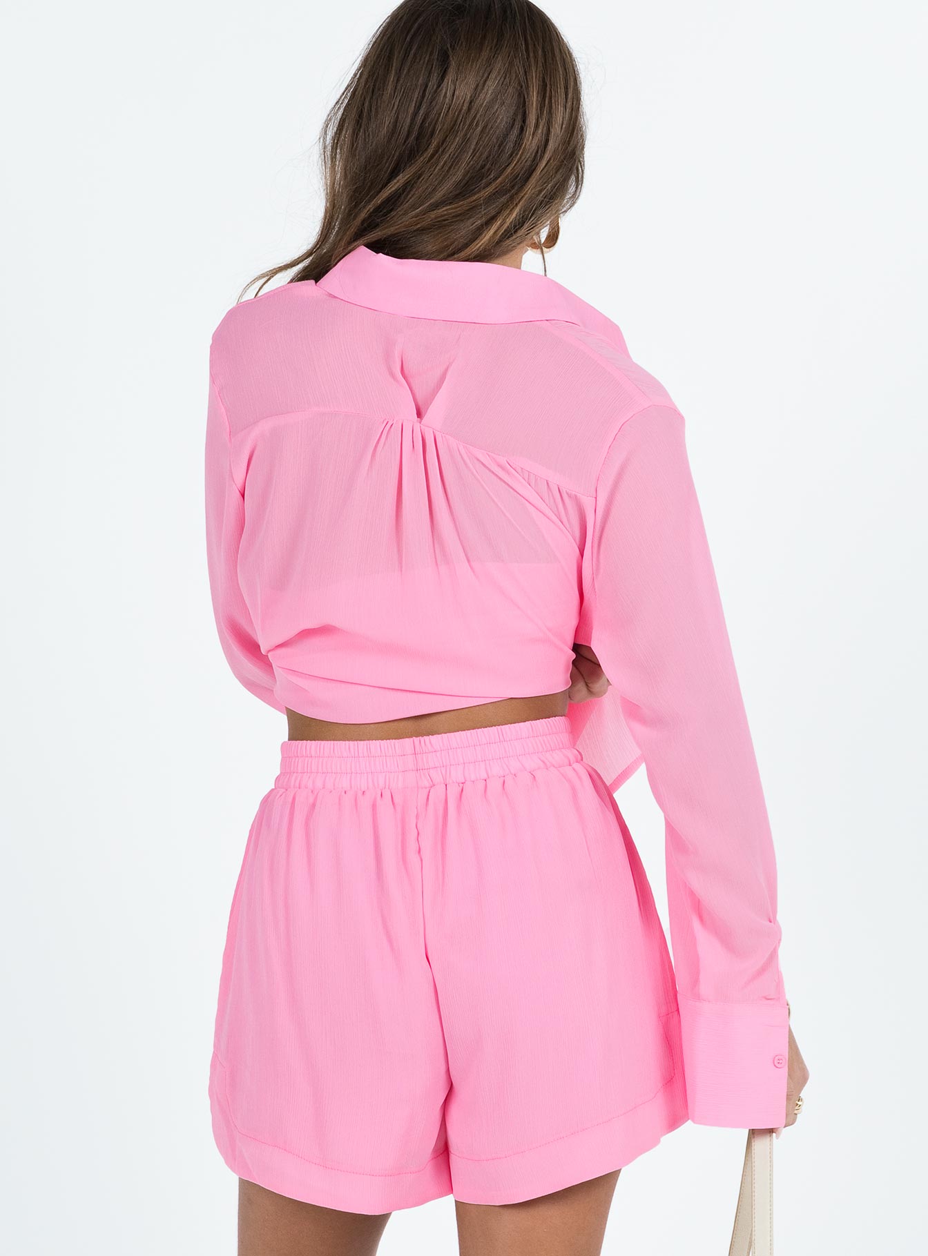 Pink matching set Long sleeve shirt Classic collar Button fastening at front Single chest pocket Shorts Thick elasticated waistband Twin hip pockets