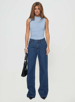 side view of model wearing Princess Polly Josefine Bodysuit Baby Blue Sleeveless High Neck 