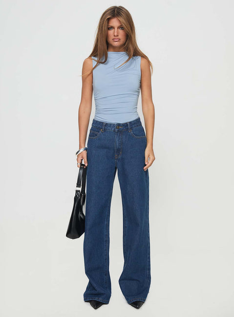 side view of model wearing Princess Polly Josefine Bodysuit Baby Blue Sleeveless High Neck 