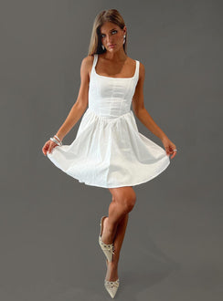 side view of model wearing Princess Polly Martie Mini Dress White Scoop Neck 