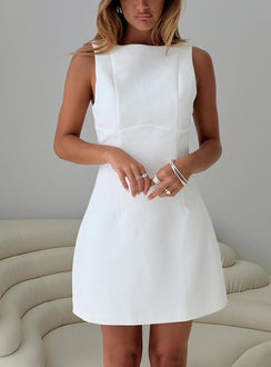 side view of model wearing Princess Polly Klaudia Mini Dress White Crew Neck 