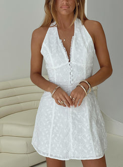front view of model wearing Princess Polly Lovelia Halter Embroidered Mini Dress White V-Neck 