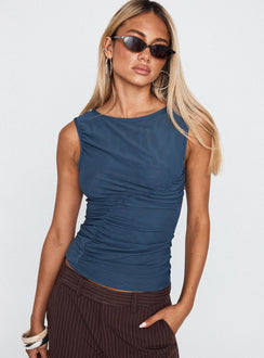 front view of model wearing Princess Polly Persuade You Ruched Top Blue Sleeveless Crew Neck 