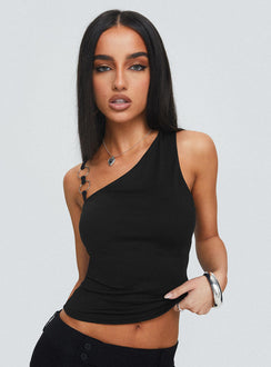 front view of model wearing Princess Polly Akiko Top Black Sleeveless Asymmetric Neckline 