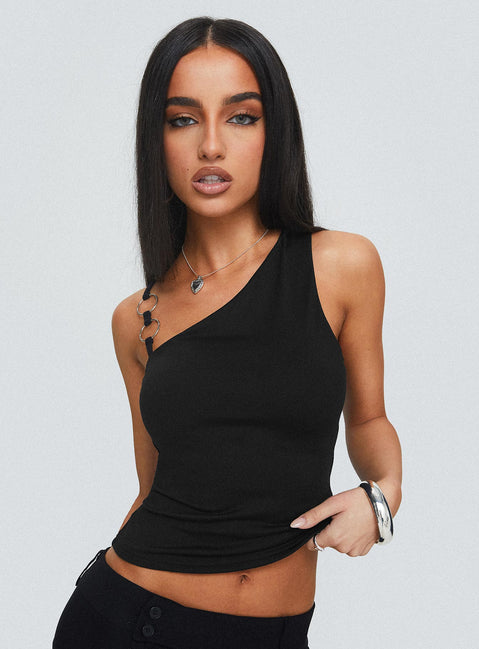 front view of model wearing Princess Polly Akiko Top Black Sleeveless Asymmetric Neckline 