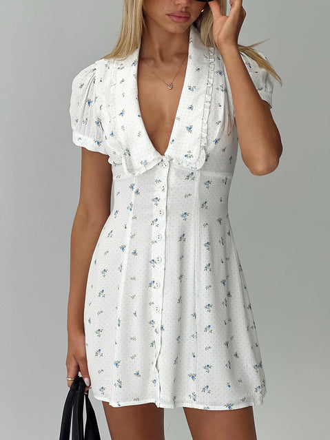 back view of model wearing Princess Polly Fabiola Collared Mini Dress Floral Plunger 