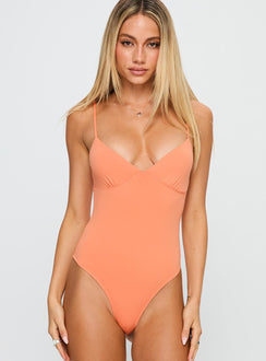 front view of model wearing Princess Polly Slow Jams Bodysuit Orange Sleeveless 