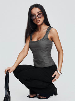 side view of model wearing Princess Polly Desni Top Grey Sleeveless Scoop Neck 