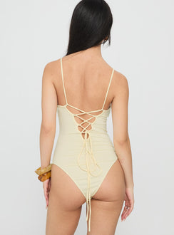 back view of model wearing Princess Polly Kianu Beaded Bodysuit Lemon Sleeveless 