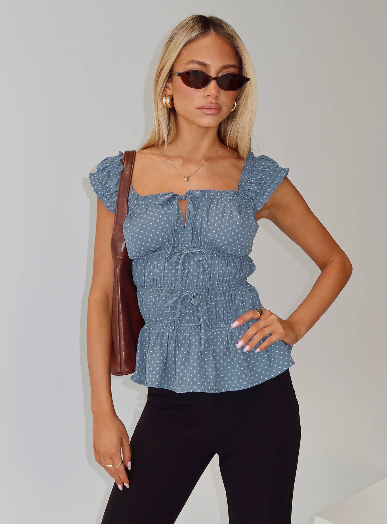 front view of model wearing Princess Polly Scouts Honour Shirred Top Blue / White Short Sleeves Square Neck 