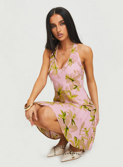 side view of model wearing Princess Polly Alcedo Halter Mini Dress Pink / Green V-Neck 