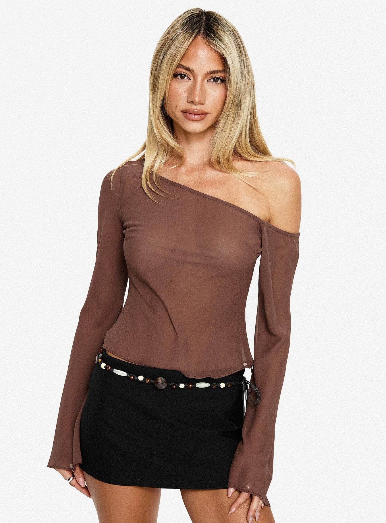 Nivara Chiffon One Shoulder Long Sleeve Top Mocha