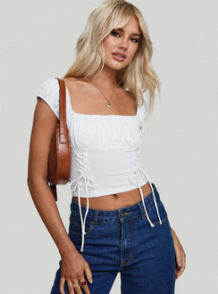 front view of model wearing Princess Polly Fiddle Top White Short Sleeves Square Neck 