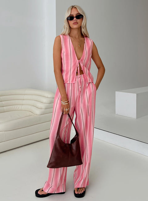 front view of model wearing Princess Polly Gentle Vest Top Pink Sleeveless Plunger 