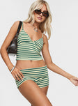 front view of model wearing Princess Polly Miztaray Cami Top Green / Cream Stripe Sleeveless V-Neck 