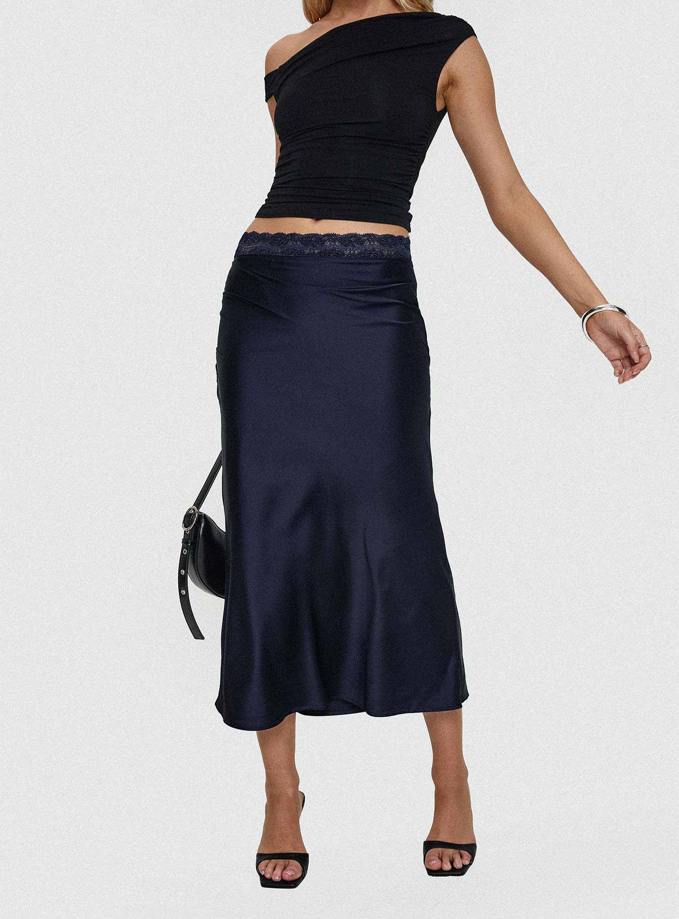 back view of model wearing Princess Polly The Charmaine Maxi Skirt Navy Midi Skirts 