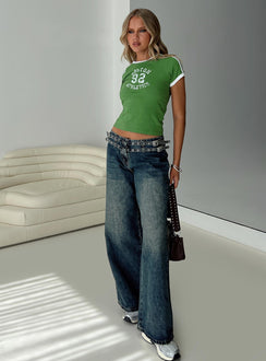 side view of model wearing Princess Polly Baccarat Belted Denim Pant Dark Blue Low Rise Jeans 