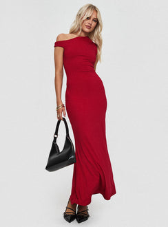 front view of model wearing Princess Polly Beller Maxi Dress Red Asymmetric Neckline 