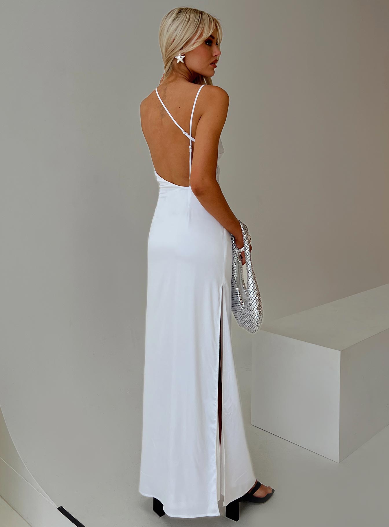 back view of model wearing Princess Polly Atheria Maxi Dress White Plunger 