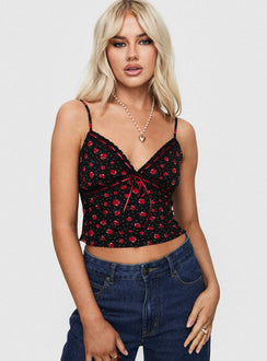 back view of model wearing Princess Polly Fondar Top Black Sleeveless Plunger 