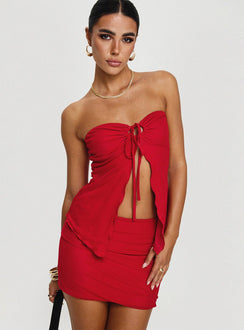 Two piece set Strapless crop top, inner silicone strip, adjustable cut out wit tie fastening, split hem Low rise mini skirt  Good stretch, fully lined Princess Polly Lower Impact