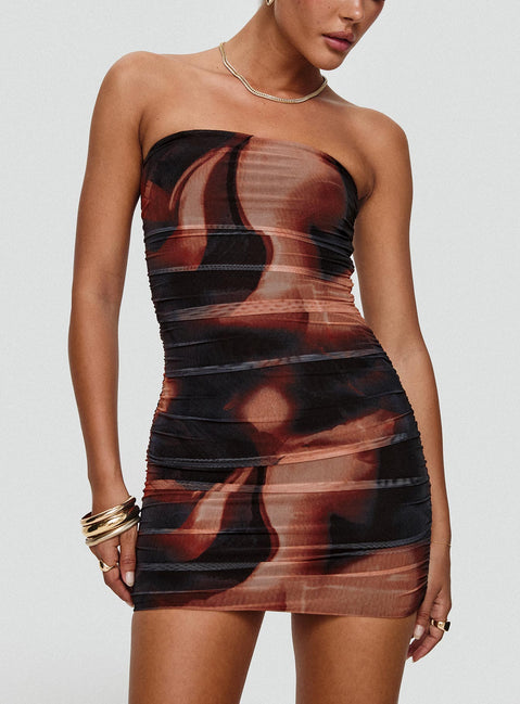 front view of model wearing Princess Polly Micah Mini Dress Brown Multi Straight Neck 