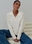 side view of model wearing Princess Polly Autumnal Collared Sweater Cream Long 