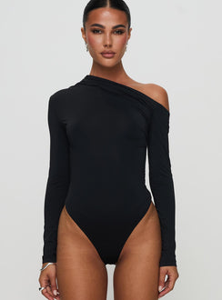 front view of model wearing Princess Polly Antilles One Shoulder Bodysuit Black Full Sleeves 