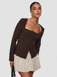 side view of model wearing Princess Polly Gaskin Long Sleeve Top Brown Full Sleeves Square Neck 