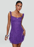 front view of model wearing Princess Polly Beacall Mini Dress Purple Square Neck 