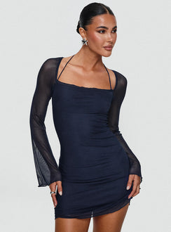 front view of model wearing Princess Polly Bilbao Long Sleeve Mini Dress Navy Square Neck 