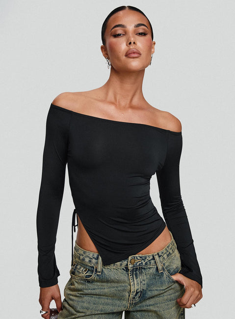 front view of model wearing Princess Polly Endellion Off Shoulder Long Sleeve Top Black Full Sleeves straight 