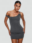 front view of model wearing Princess Polly True Desires Off The Shoulder Mini Dress Grey Asymmetric Neckline 