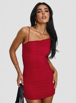 front view of model wearing Princess Polly Giorgos Mini Dress Red Asymmetric Neckline 