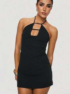 front view of model wearing Princess Polly Maiyo Halter Mini Dress Black 