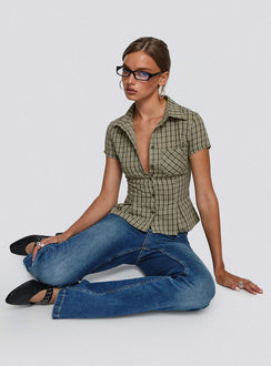 front view of model wearing Princess Polly Alma Mater Top Green Check Short Sleeves V-Neck 