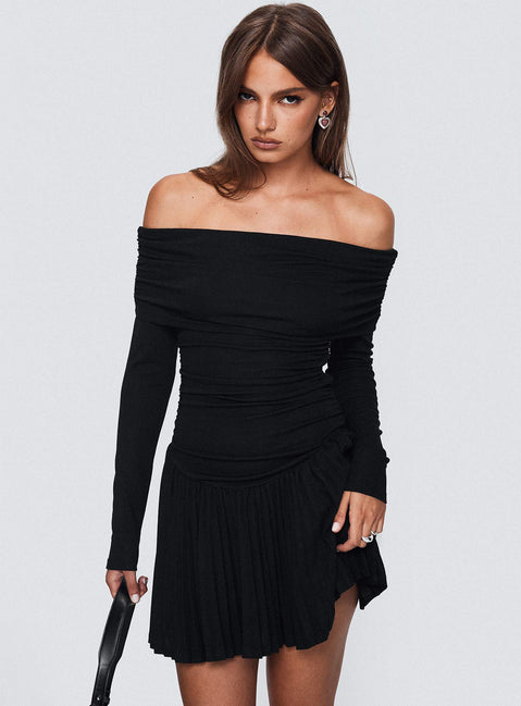 front view of model wearing Princess Polly Field Of Dreams Long Sleeve Mini Dress Onyx Straight Neck 