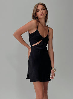 side view of model wearing Princess Polly Linger Bias Cut Dress Black V-Neck 
