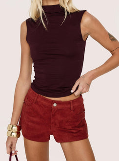 Dreamful Low Rise Faux Suede Mini Shorts Deep Red