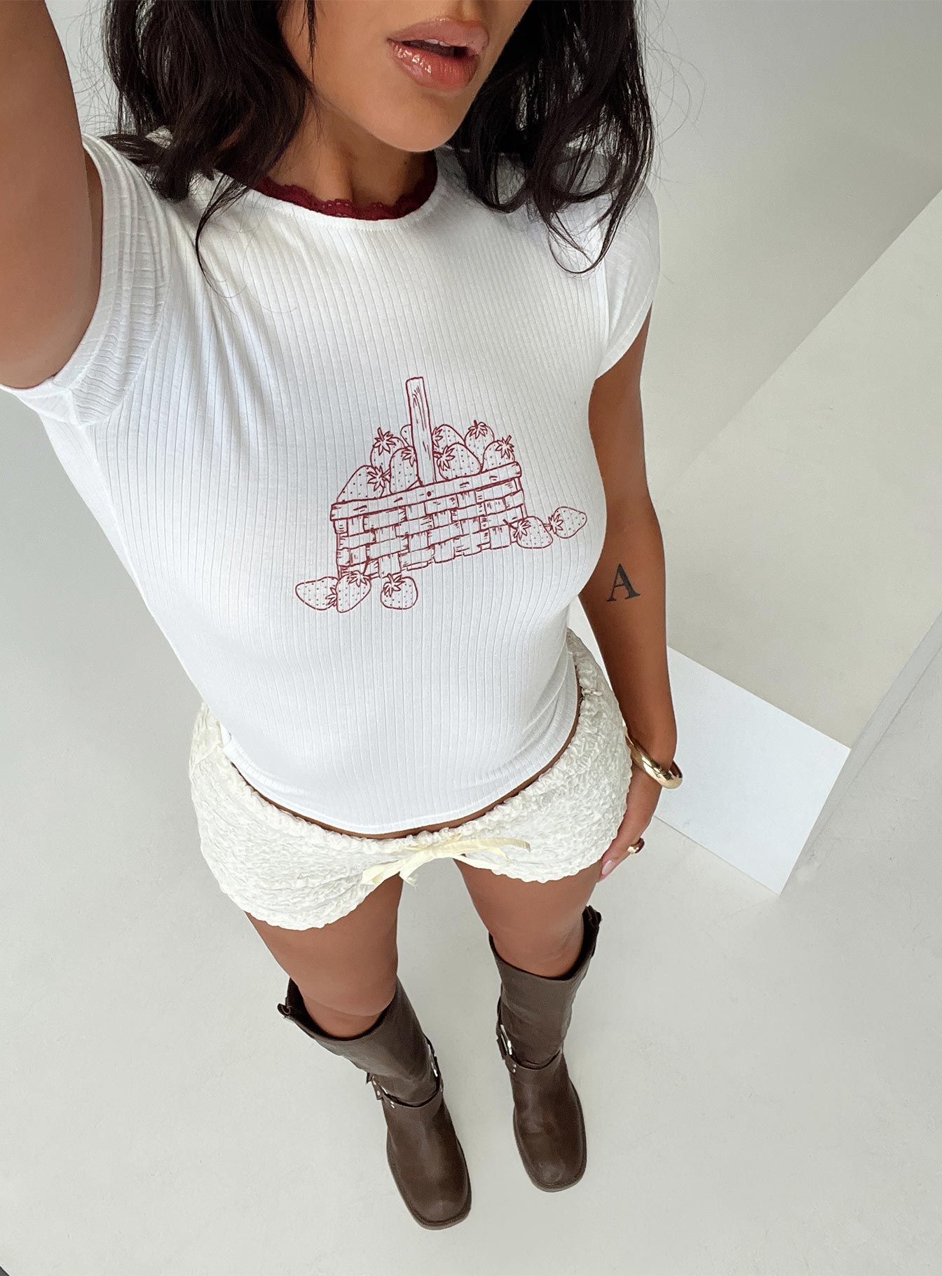 front view of model wearing Princess Polly Zagy Tee White Short Sleeves Crew Neck 
