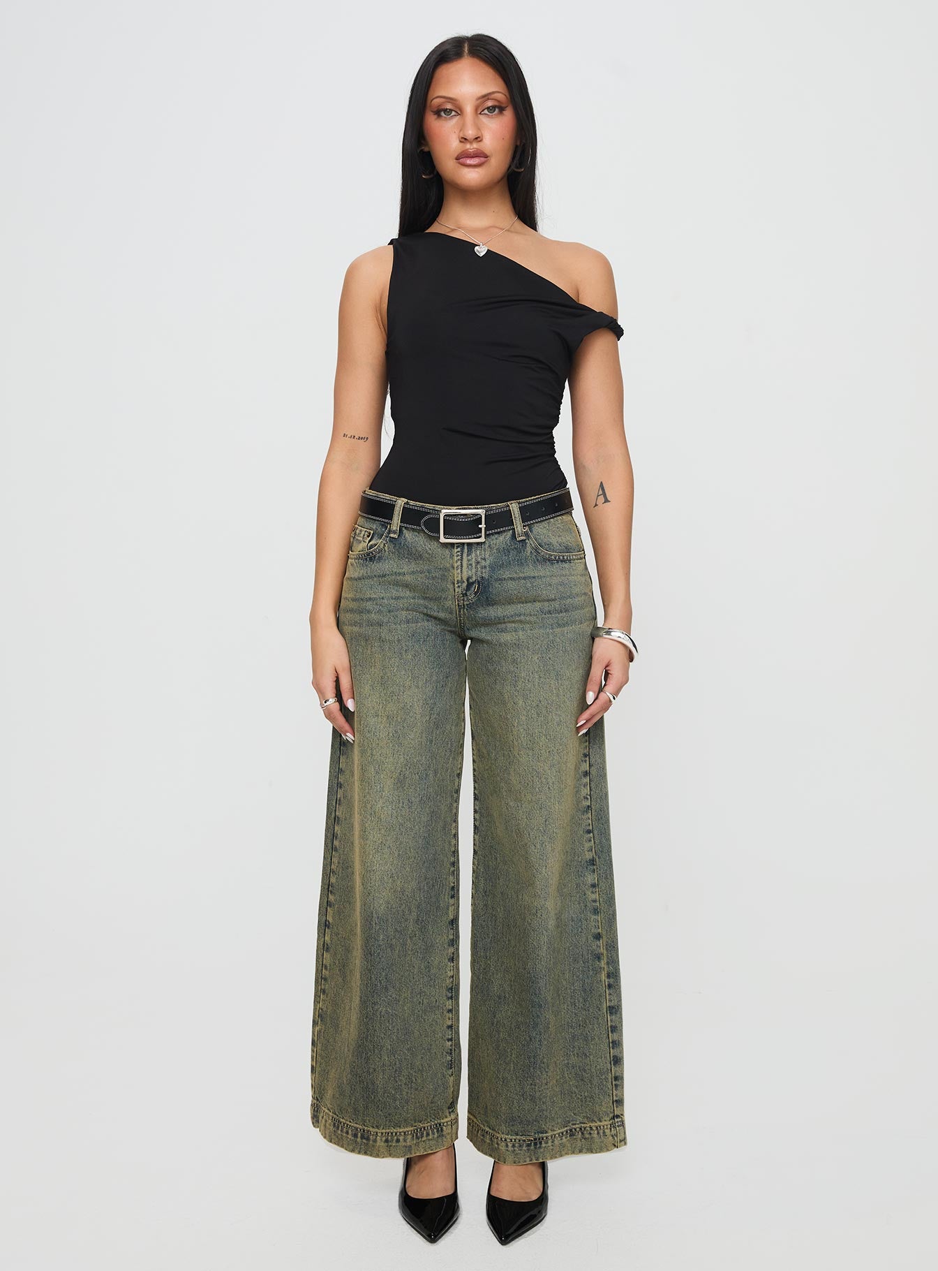 front view of model wearing Princess Polly Leclerc Bodysuit Black Sleeveless Asymmetric Neckline 