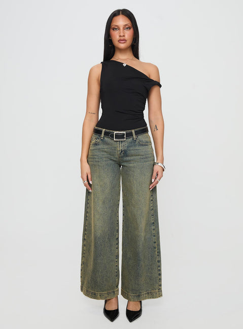 front view of model wearing Princess Polly Leclerc Bodysuit Black Sleeveless Asymmetric Neckline 