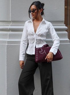 front view of model wearing Princess Polly Cultivate Shirred Long Sleeve Top White Full Sleeves V-Neck 