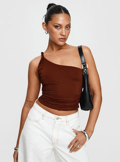 front view of model wearing Princess Polly Anwen Top Brown Sleeveless Asymmetric Neckline 