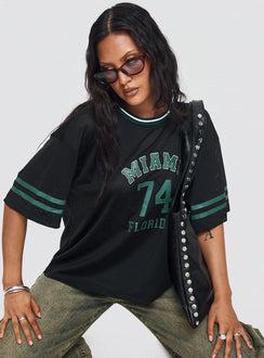 front view of model wearing Princess Polly Miami 74 Top Black Half Sleeves Crew Neck 