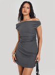 side view of model wearing Princess Polly Horizons Mini Dress Grey Straight Neck 