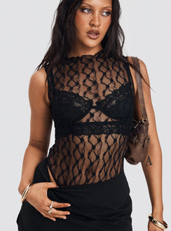 front view of model wearing Princess Polly Liedman Bodysuit Black Sleeveless Crew Neck 