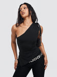 front view of model wearing Princess Polly Vulnerable One Shoulder Top Black Sleeveless Asymmetric Neckline 