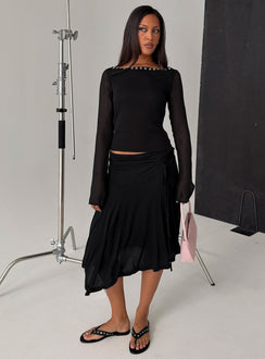   front view of model wearing Princess Polly Joaney Tie Side Jersey Midi Skirt Black Midi Skirts 
