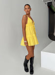 side view of model wearing Princess Polly Dionne Mini Dress Lemon Plunger 